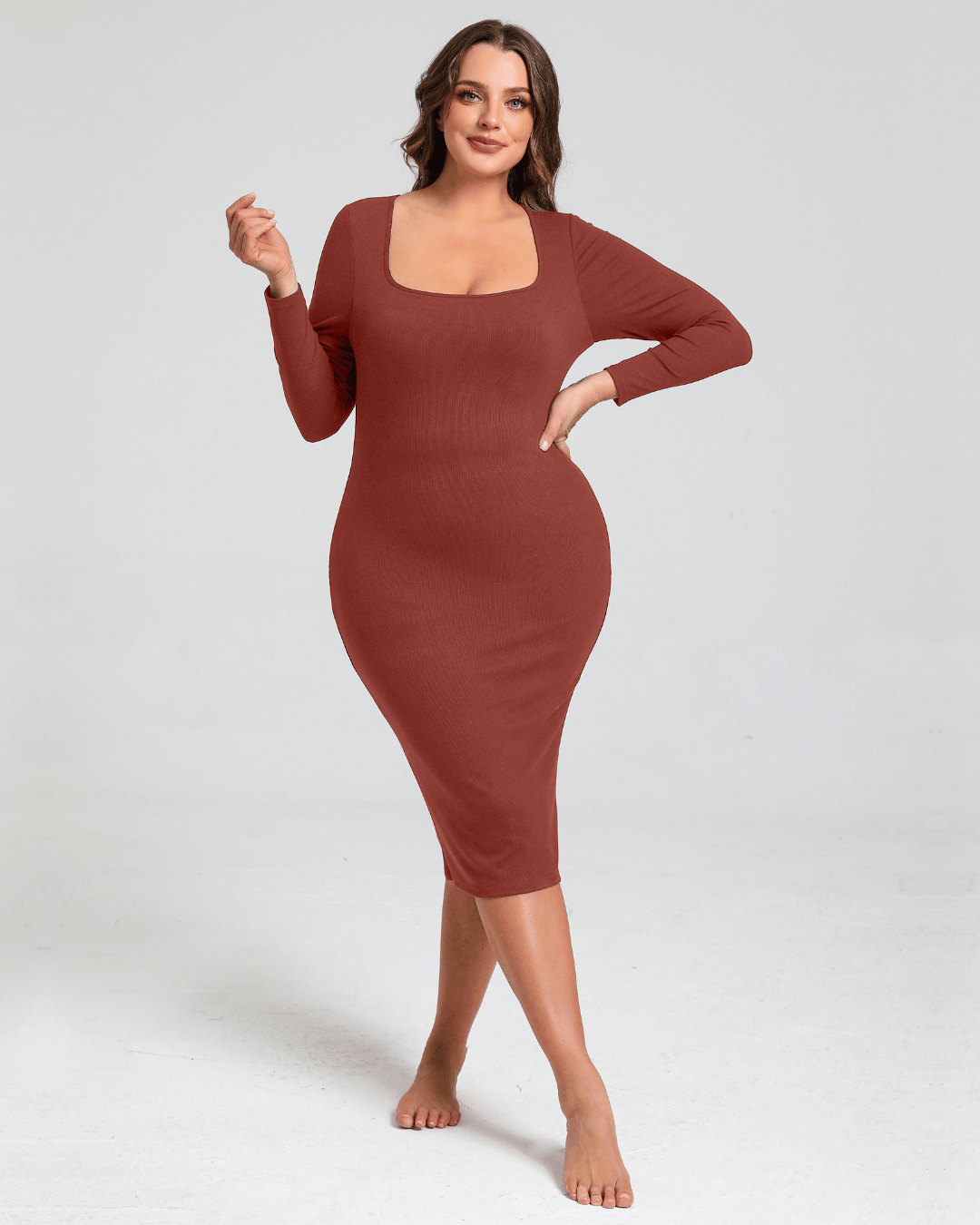 Long sleeve midden zandloper Jurk met Shapewear